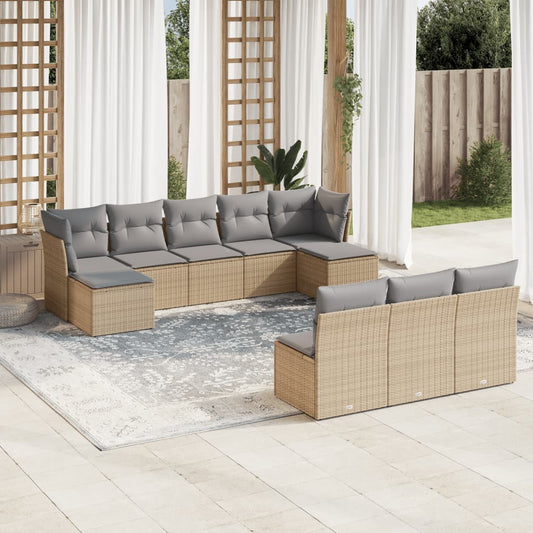 10-tlg. Garten-Sofagarnitur mit Kissen Beige Poly Rattan