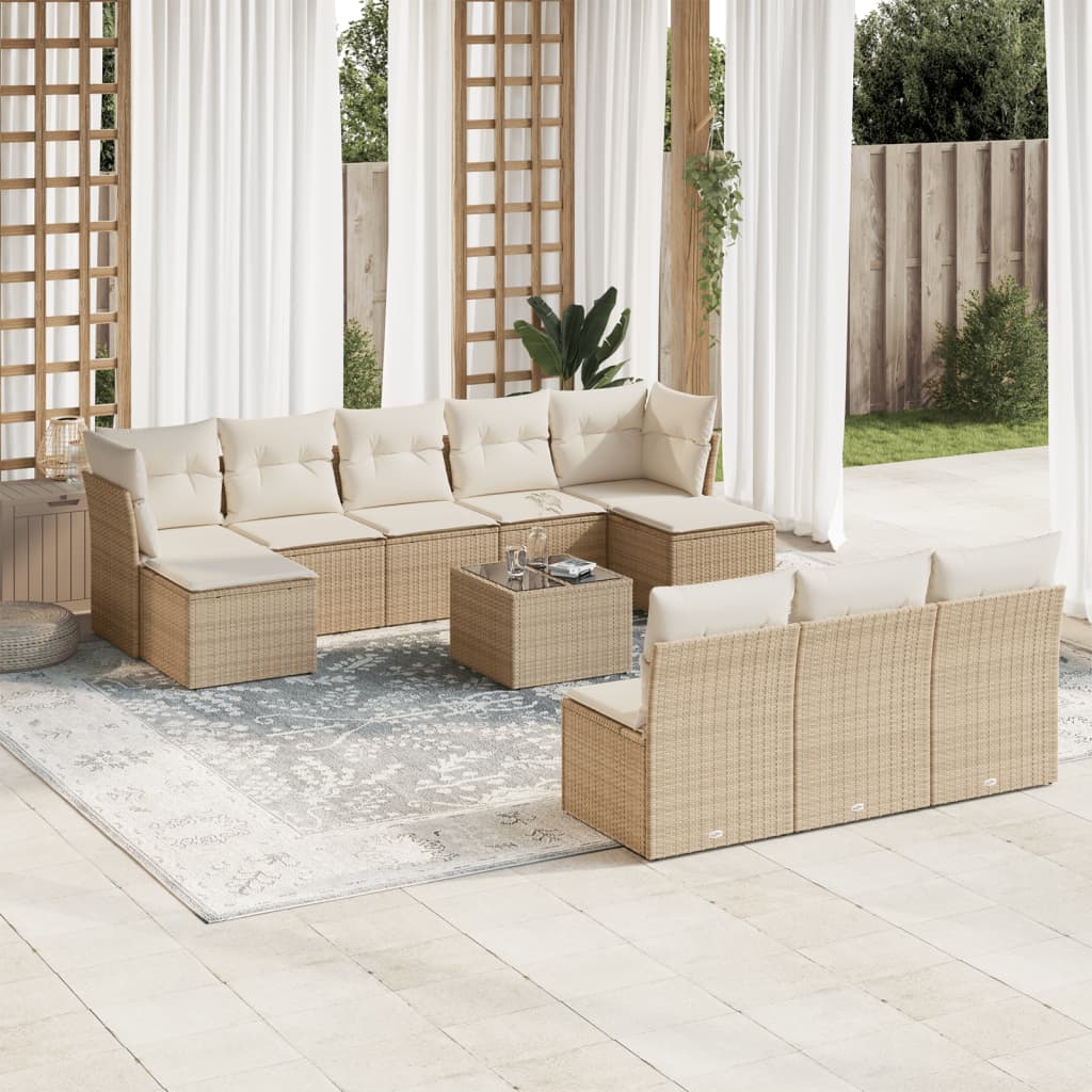 11-tlg. Garten-Sofagarnitur mit Kissen Beige Poly Rattan