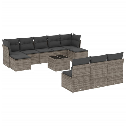 11-tlg. Garten-Sofagarnitur mit Kissen Grau Poly Rattan