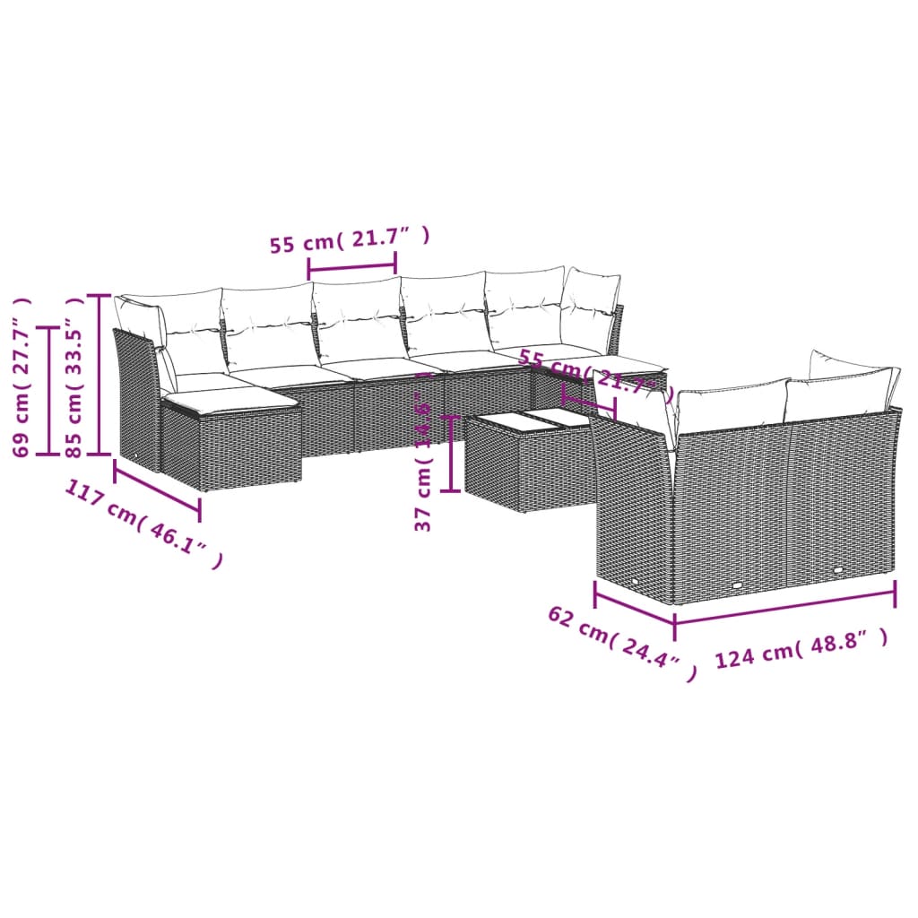 10-tlg. Garten-Sofagarnitur mit Kissen Hellgrau Poly Rattan