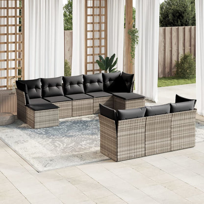 10-tlg. Garten-Sofagarnitur mit Kissen Hellgrau Poly Rattan