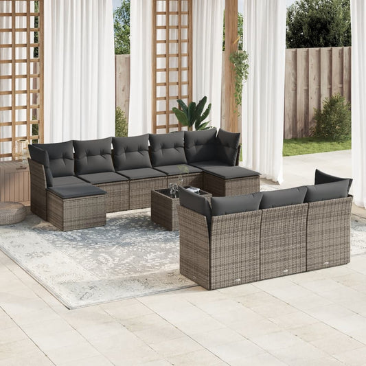 11-tlg. Garten-Sofagarnitur mit Kissen Grau Poly Rattan