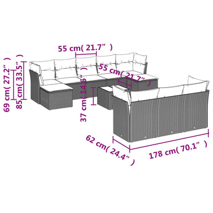 11-tlg. Garten-Sofagarnitur mit Kissen Hellgrau Poly Rattan