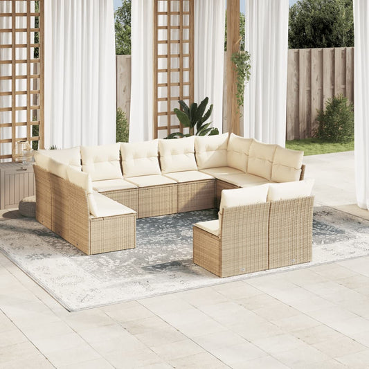 11-tlg. Garten-Sofagarnitur mit Kissen Beige Poly Rattan