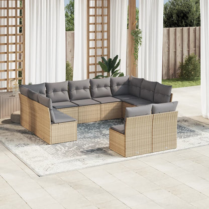 11-tlg. Garten-Sofagarnitur mit Kissen Beige Poly Rattan