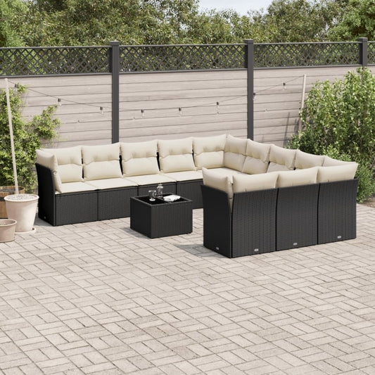 12-tlg. Garten-Sofagarnitur mit Kissen Schwarz Poly Rattan