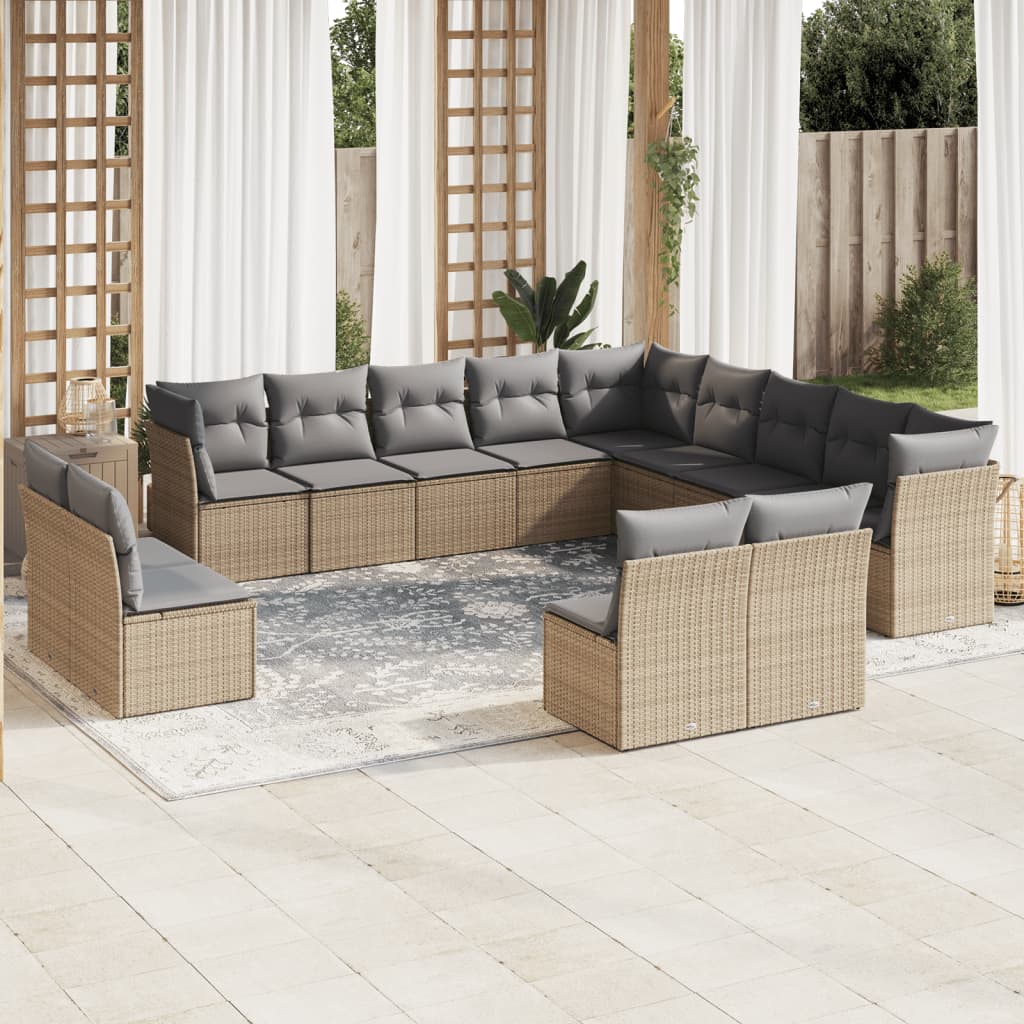 12-tlg. Garten-Sofagarnitur mit Kissen Beige Poly Rattan