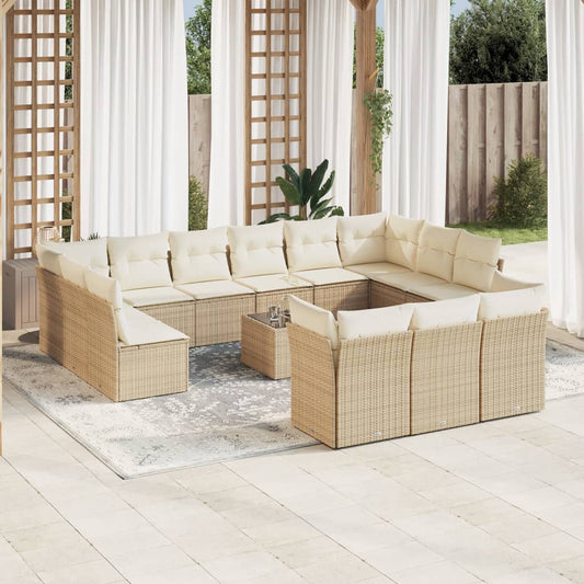 14-tlg. Garten-Sofagarnitur mit Kissen Beige Poly Rattan