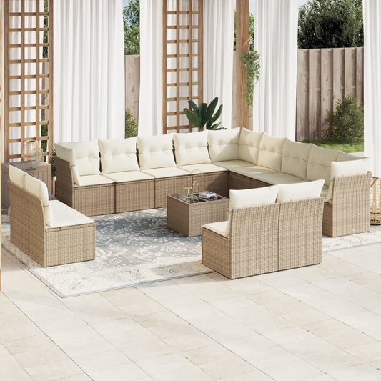 14-tlg. Garten-Sofagarnitur mit Kissen Beige Poly Rattan