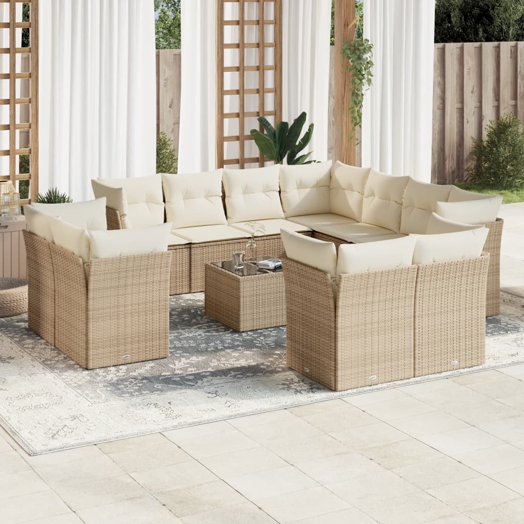 12-tlg. Garten-Sofagarnitur mit Kissen Beige Poly Rattan