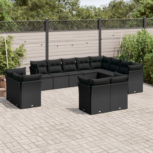 12-tlg. Garten-Sofagarnitur mit Kissen Schwarz Poly Rattan