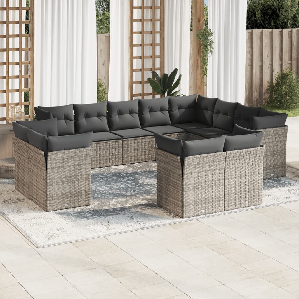 12-tlg. Garten-Sofagarnitur mit Kissen Grau Poly Rattan