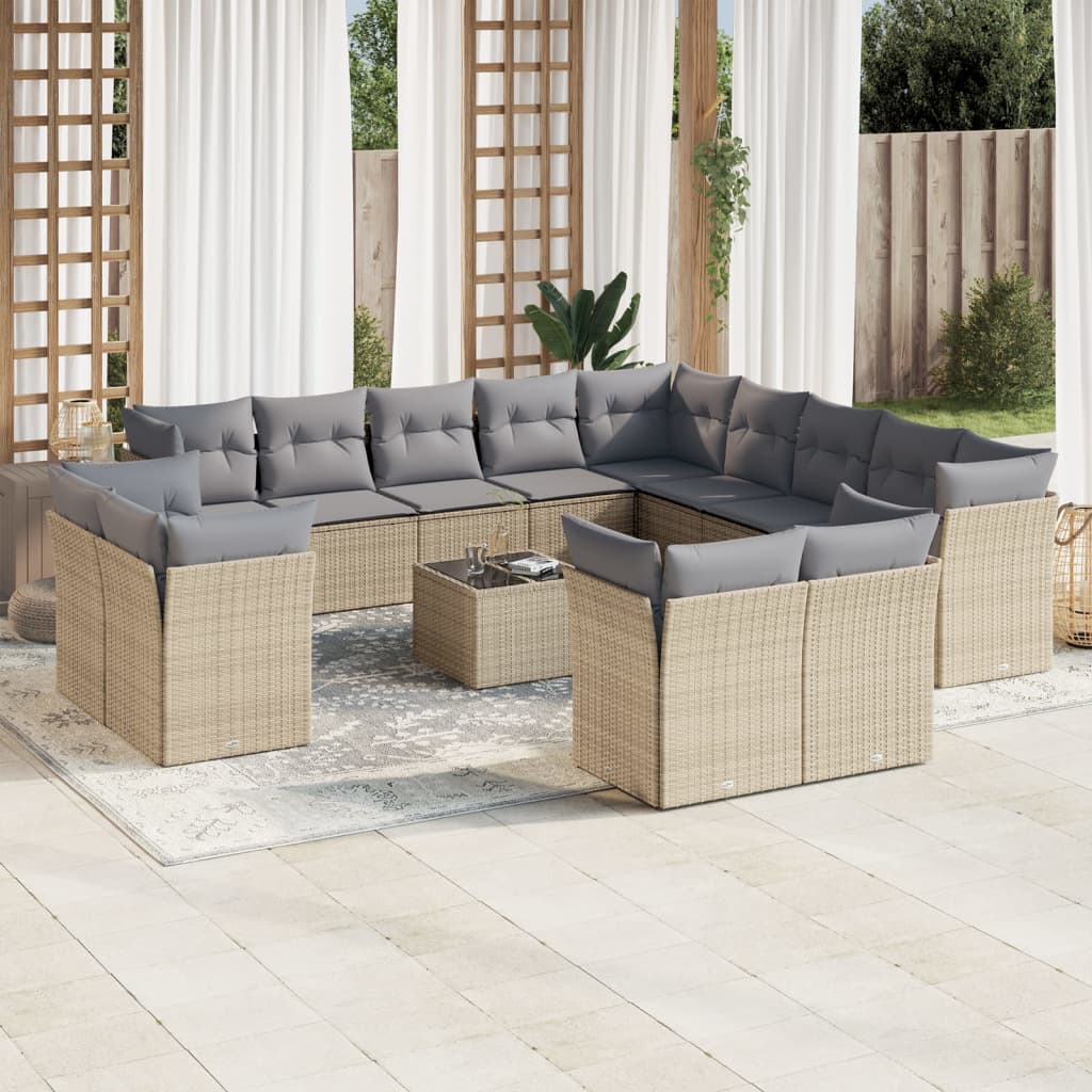 14-tlg. Garten-Sofagarnitur mit Kissen Beige Poly Rattan
