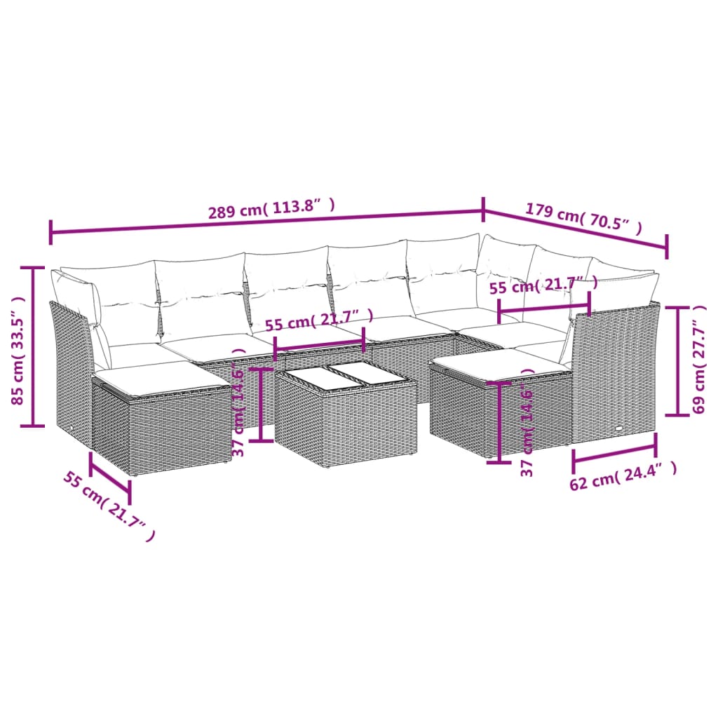 10-tlg. Garten-Sofagarnitur mit Kissen Hellgrau Poly Rattan