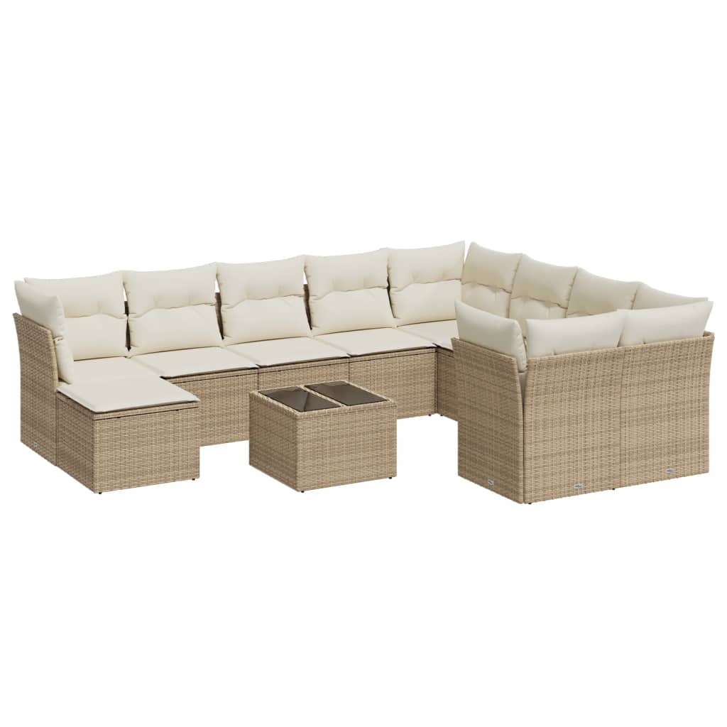 11-tlg. Garten-Sofagarnitur mit Kissen Beige Poly Rattan