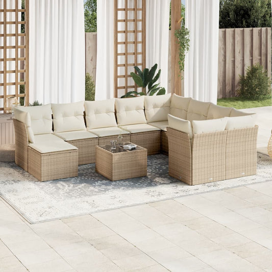 11-tlg. Garten-Sofagarnitur mit Kissen Beige Poly Rattan