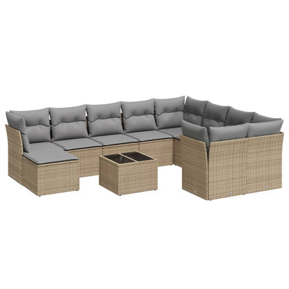 11-tlg. Garten-Sofagarnitur mit Kissen Beige Poly Rattan