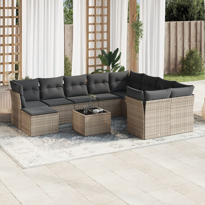 11-tlg. Garten-Sofagarnitur mit Kissen Grau Poly Rattan