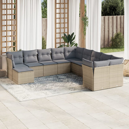 11-tlg. Garten-Sofagarnitur mit Kissen Beige Poly Rattan