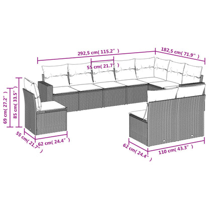 10-tlg. Garten-Sofagarnitur mit Kissen Schwarz Poly Rattan