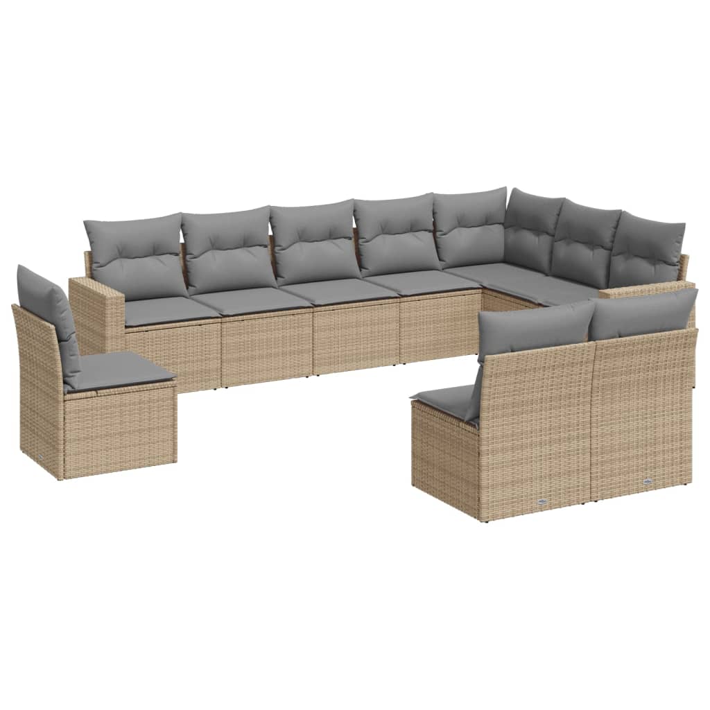 10-tlg. Garten-Sofagarnitur mit Kissen Beige Poly Rattan