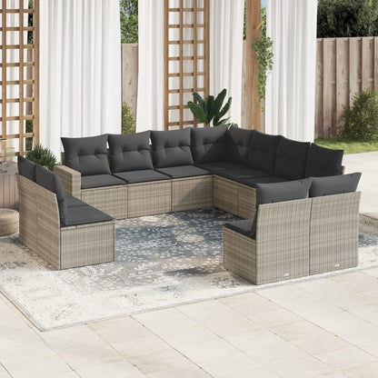 11-tlg. Garten-Sofagarnitur mit Kissen Hellgrau Poly Rattan