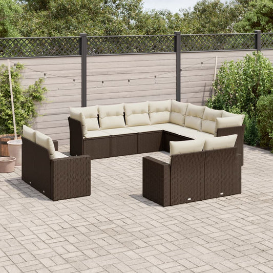 11-tlg. Garten-Sofagarnitur mit Kissen Braun Poly Rattan