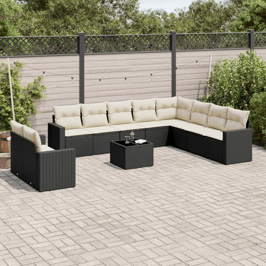 11-tlg. Garten-Sofagarnitur mit Kissen Schwarz Poly Rattan