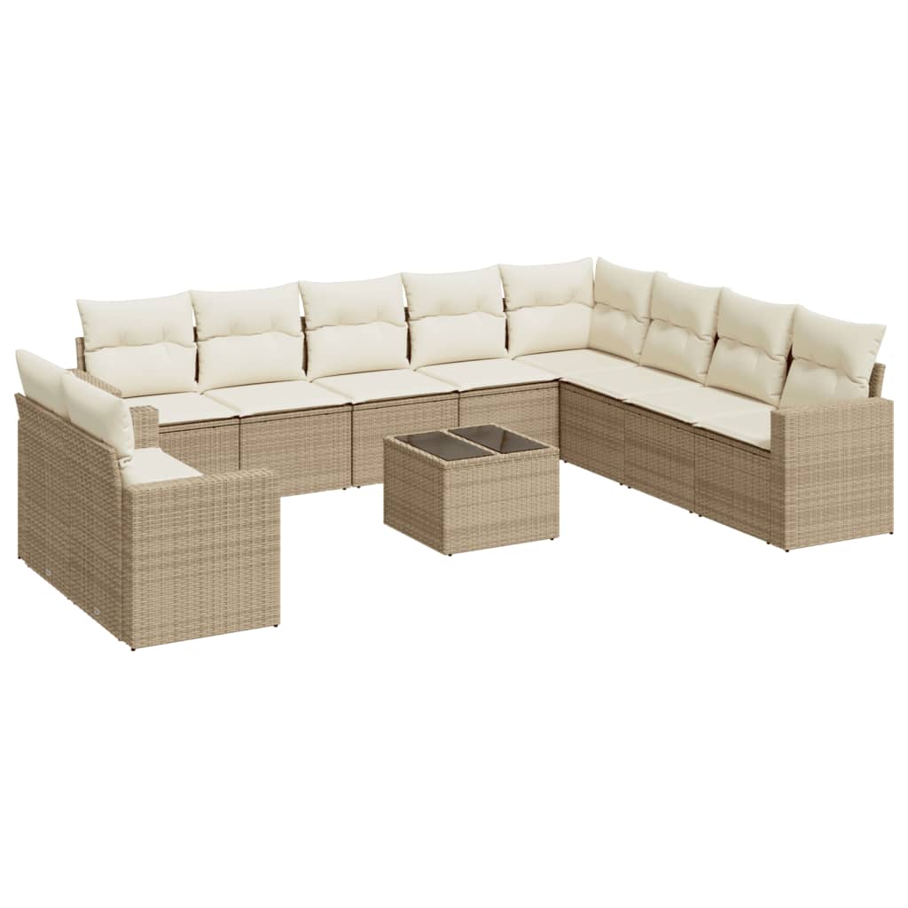 11-tlg. Garten-Sofagarnitur mit Kissen Beige Poly Rattan