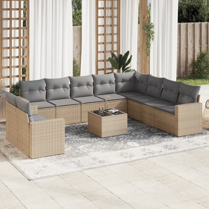 11-tlg. Garten-Sofagarnitur mit Kissen Beige Poly Rattan