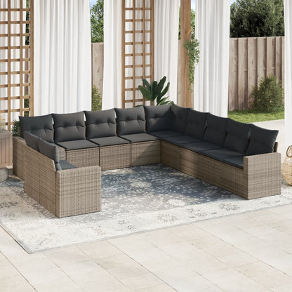 11-tlg. Garten-Sofagarnitur mit Kissen Grau Poly Rattan