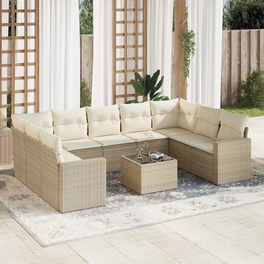 10-tlg. Garten-Sofagarnitur mit Kissen Beige Poly Rattan