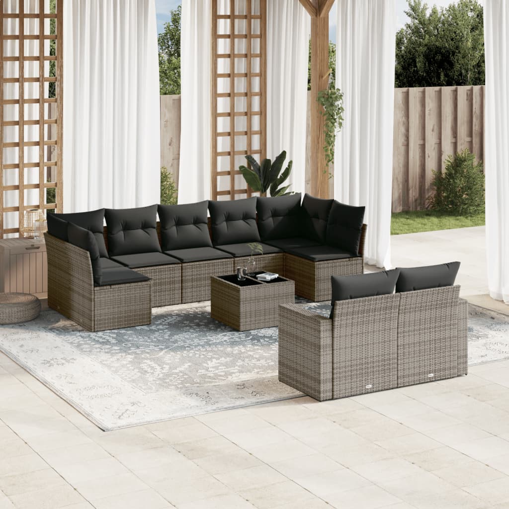 10-tlg. Garten-Sofagarnitur mit Kissen Grau Poly Rattan