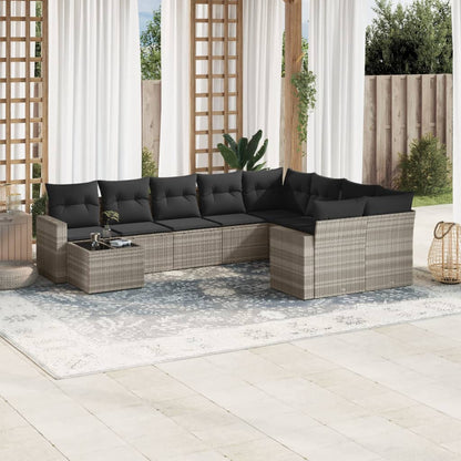 10-tlg. Garten-Sofagarnitur mit Kissen Hellgrau Poly Rattan