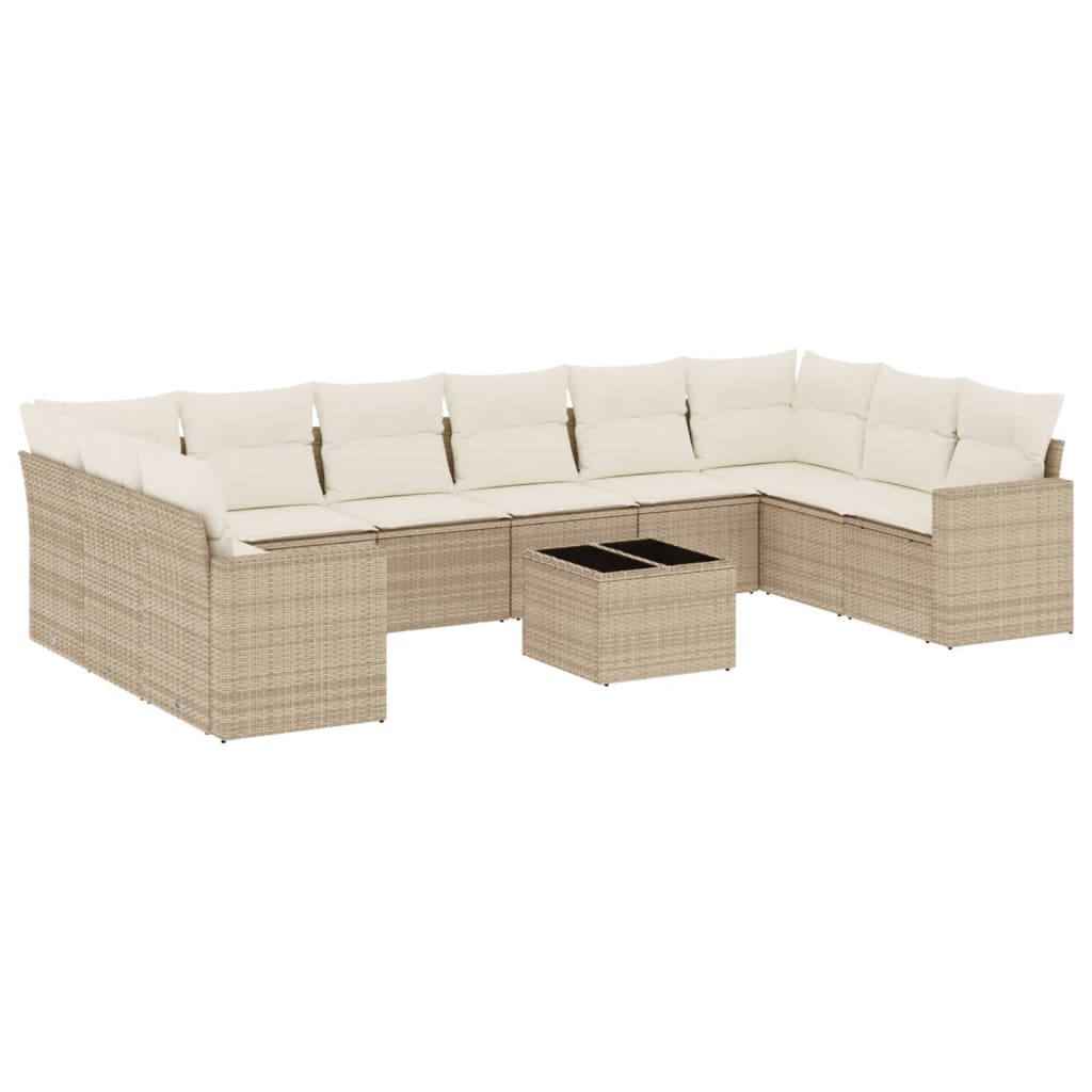 11-tlg. Garten-Sofagarnitur mit Kissen Beige Poly Rattan