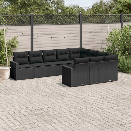 10-tlg. Garten-Sofagarnitur mit Kissen Schwarz Poly Rattan