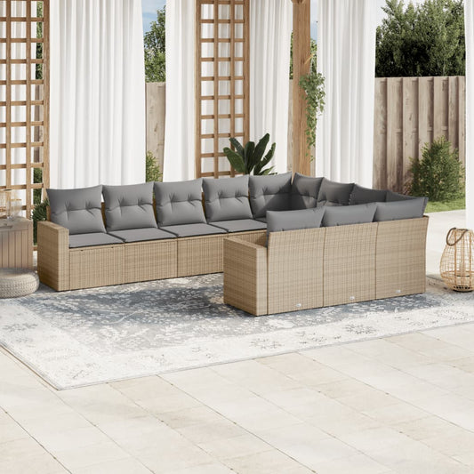 10-tlg. Garten-Sofagarnitur mit Kissen Beige Poly Rattan