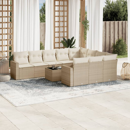 11-tlg. Garten-Sofagarnitur mit Kissen Beige Poly Rattan