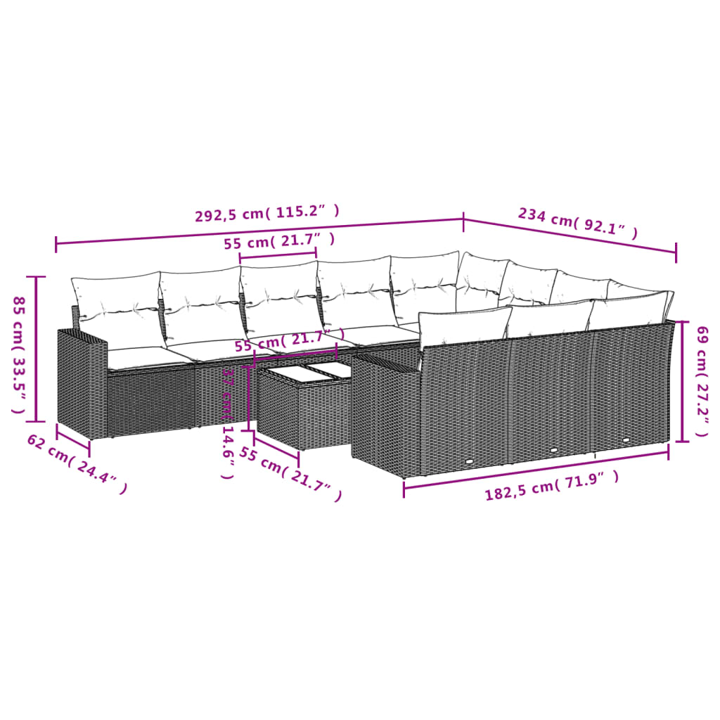 11-tlg. Garten-Sofagarnitur mit Kissen Hellgrau Poly Rattan