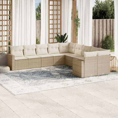 10-tlg. Garten-Sofagarnitur mit Kissen Beige Poly Rattan