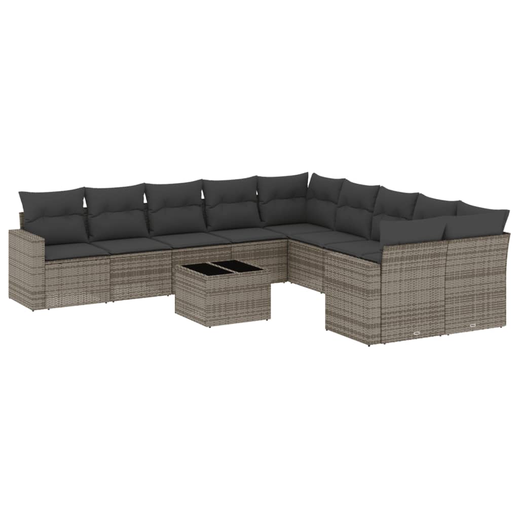 11-tlg. Garten-Sofagarnitur mit Kissen Grau Poly Rattan