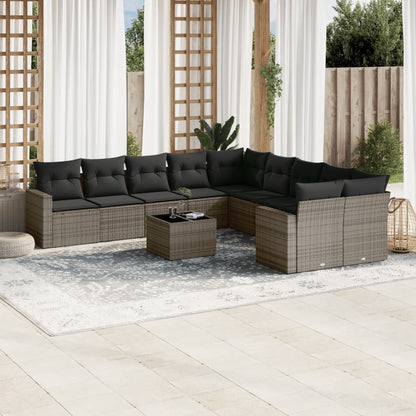 11-tlg. Garten-Sofagarnitur mit Kissen Grau Poly Rattan