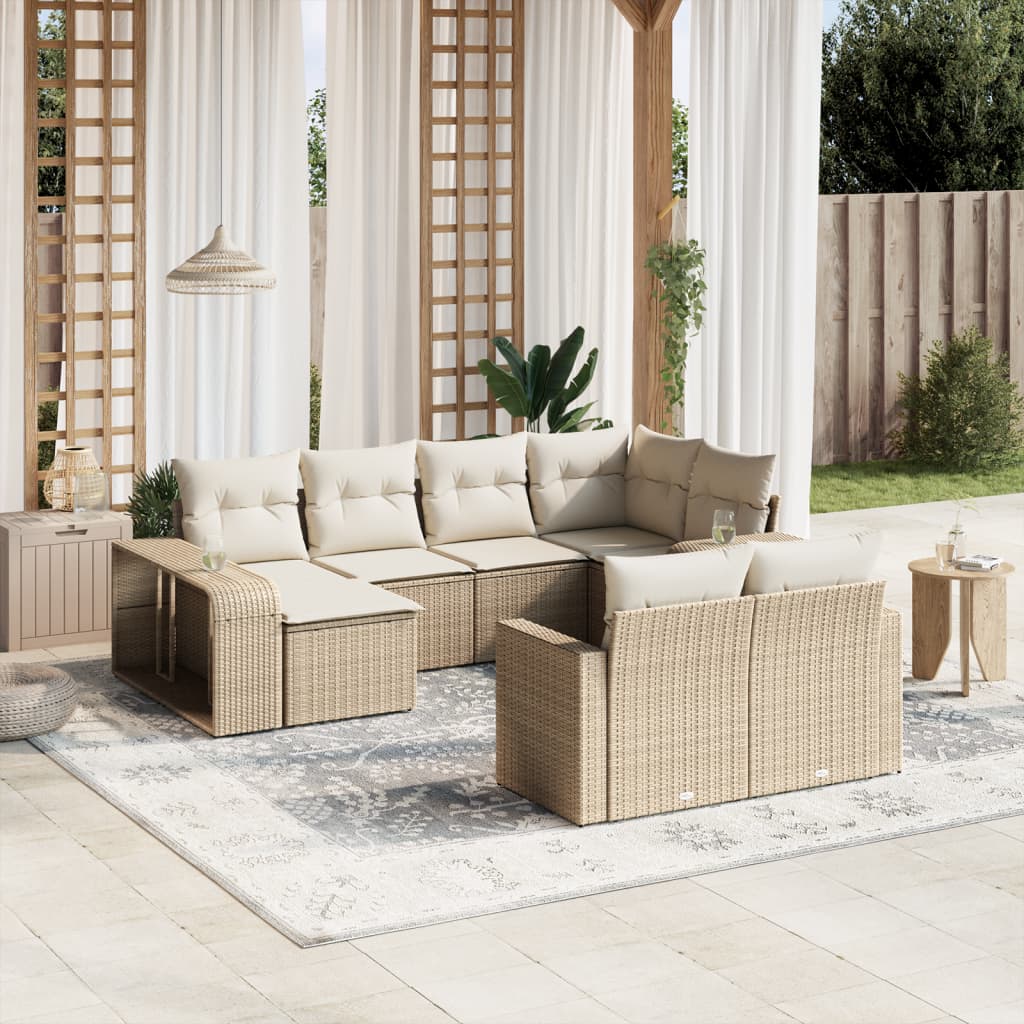 10-tlg. Garten-Sofagarnitur mit Kissen Beige Poly Rattan