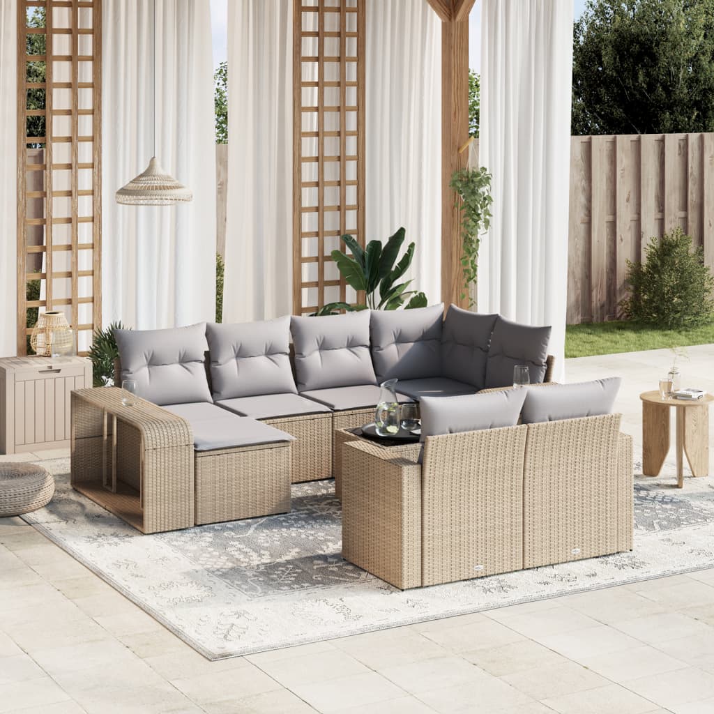 11-tlg. Garten-Sofagarnitur mit Kissen Beige Poly Rattan