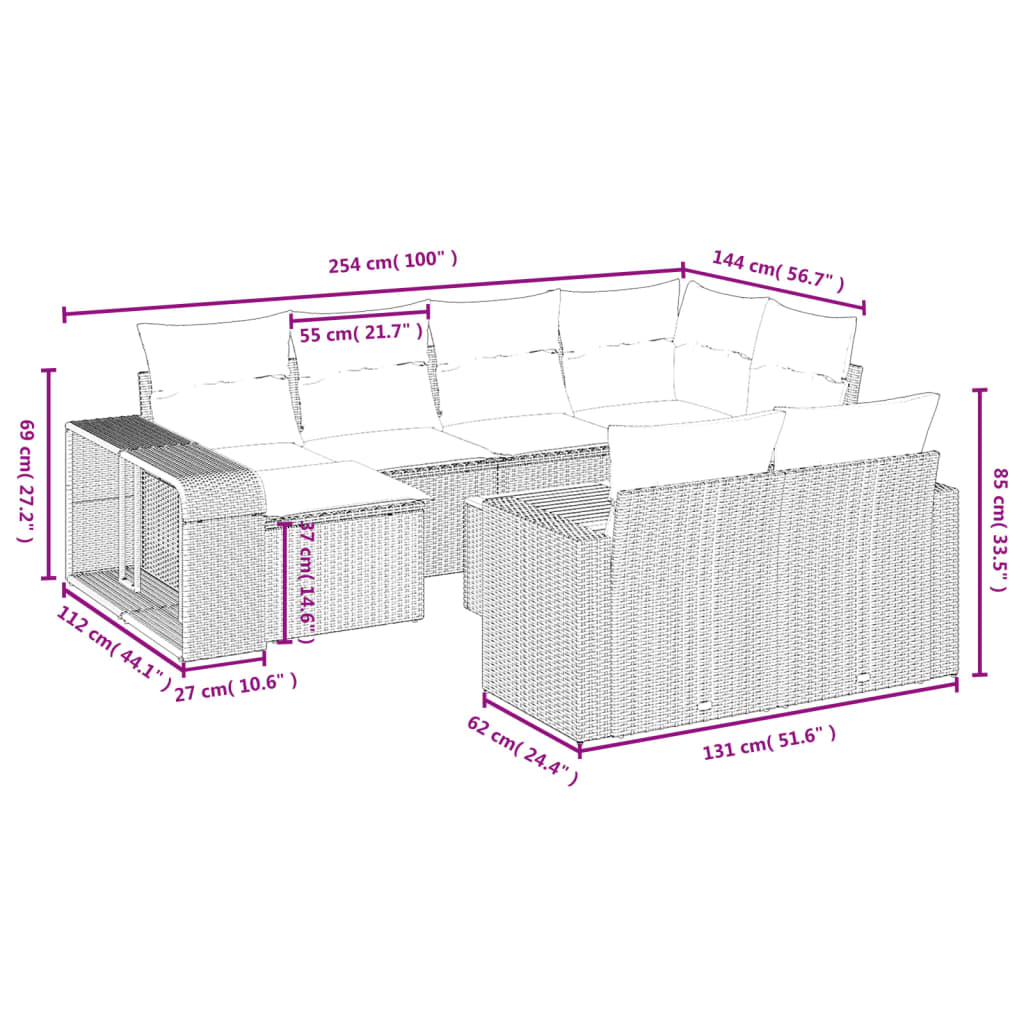 11-tlg. Garten-Sofagarnitur mit Kissen Schwarz Poly Rattan