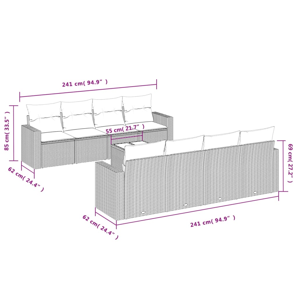 9-tlg. Garten-Sofagarnitur mit Kissen Grau Poly Rattan