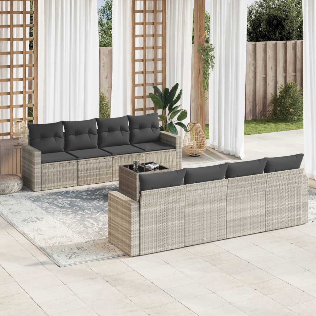 9-tlg. Garten-Sofagarnitur mit Kissen Hellgrau Poly Rattan