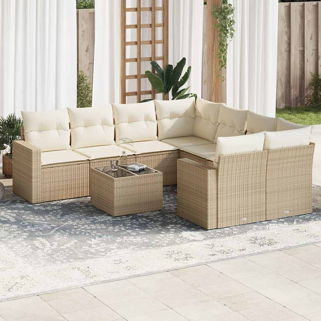 9-tlg. Garten-Sofagarnitur mit Kissen Beige Poly Rattan