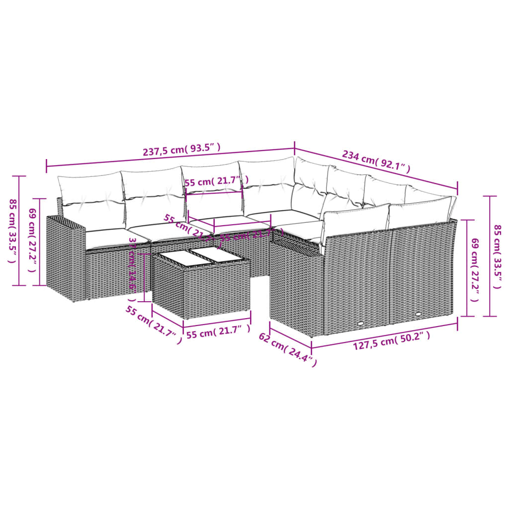 9-tlg. Garten-Sofagarnitur mit Kissen Grau Poly Rattan