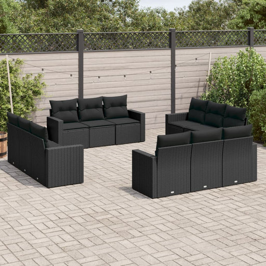 12-tlg. Garten-Sofagarnitur mit Kissen Schwarz Poly Rattan